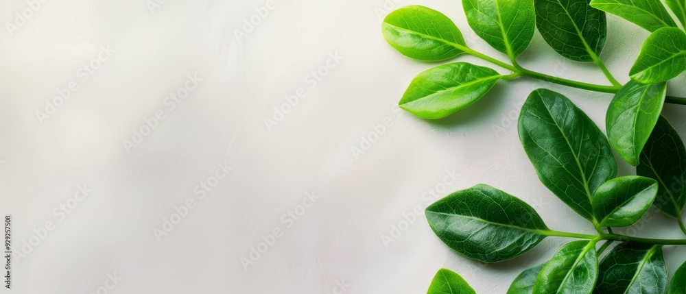  A cluster of green leaves atop a pristine white background, accommodating text on its left side