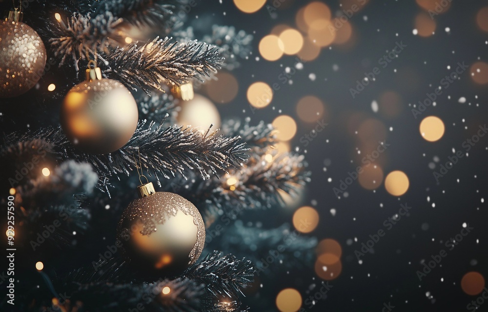 Cover with Christmas tree and Christmas toys on blurred background. Merry Christmas and Happy New Year. Winter holiday template with copywriting for vita listicle, application, banner, poster