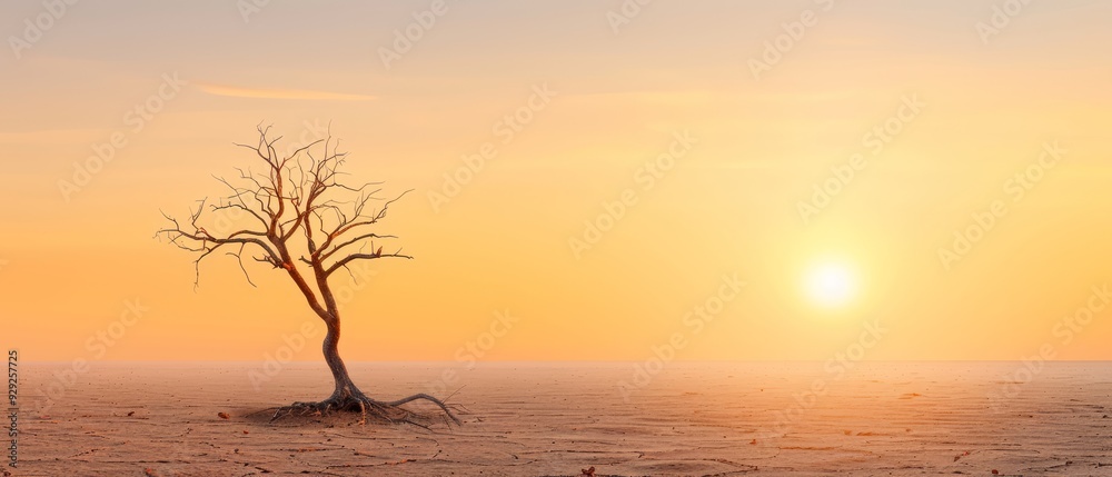 A solitary tree stands in the barren expanse as the sun sets on the distant horizon A solitary tree stands in the barren expanse as the sun sets on the distant horizon