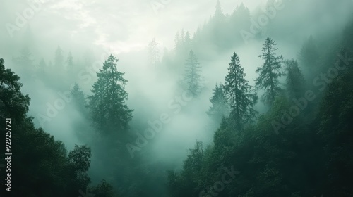 A misty forest landscape with tall trees shrouded in fog, creating a serene atmosphere.