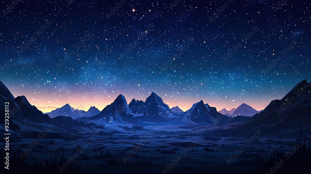 A serene mountain landscape bathed in twilight, boasting a stunning array of azure skies, star-studded heavens, and a luminous moon A serene mountain landscape bathed in twilight, boasting a stunning array of azure skies, star-studded heavens, and a luminous moon
