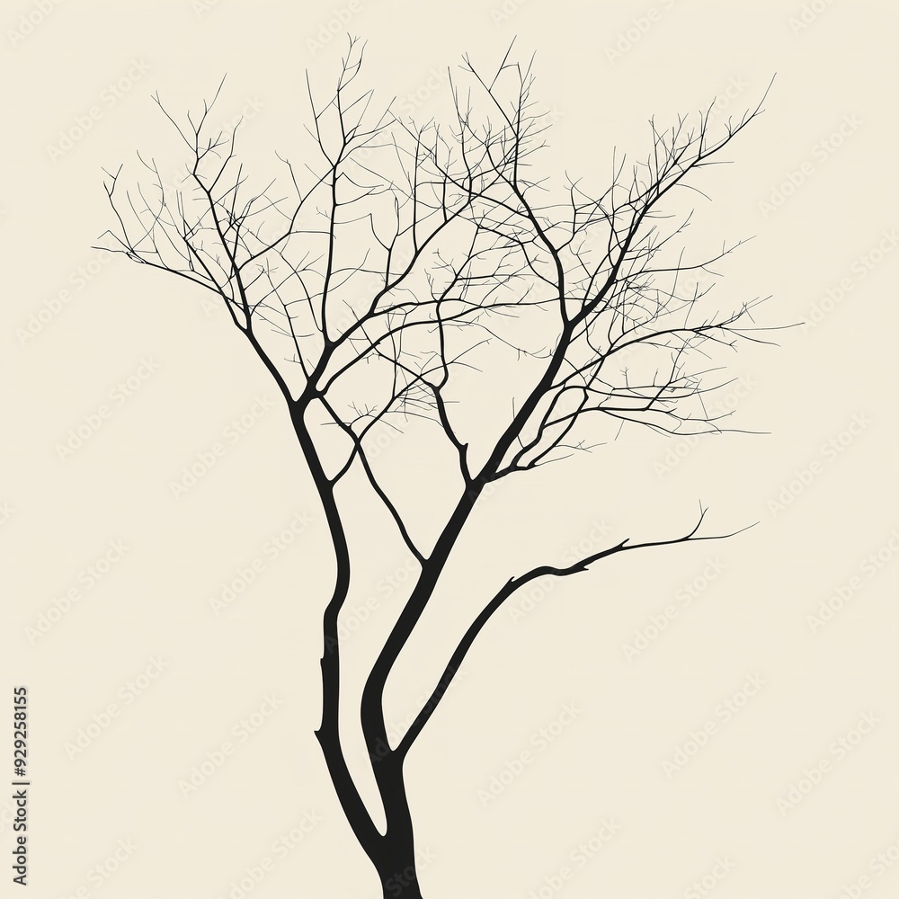 Silhouette of a bare tree with detailed branches on a beige background. Minimalist autumn illustration. Silhouette of a bare tree with detailed branches on a beige background. Minimalist autumn illustration.