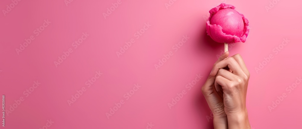 Person holds pink lollipop against pink background, pink wall visible behind Person holds pink lollipop against pink background, pink wall visible behind