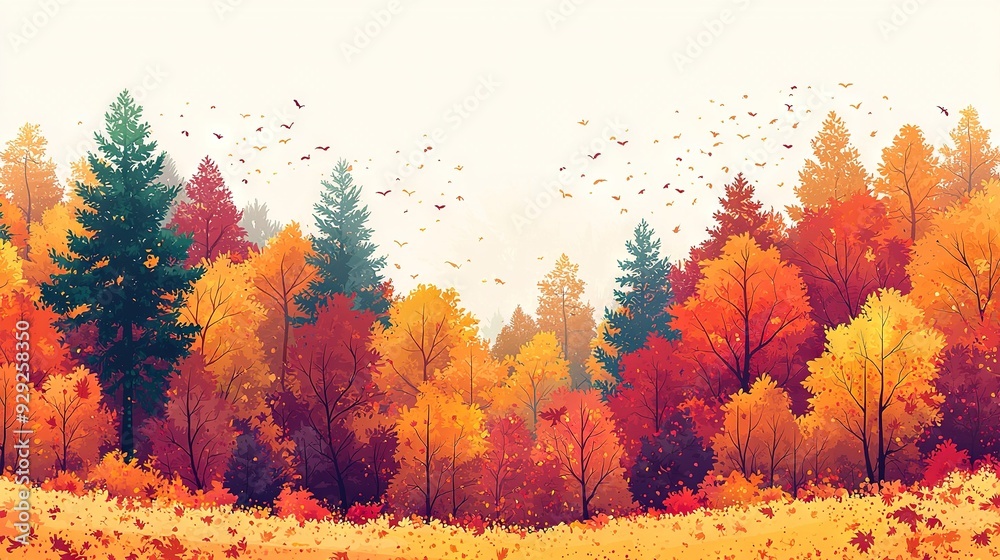 A painting of a forest brimming with numerous trees and birds soaring above them during autumn A painting of a forest brimming with numerous trees and birds soaring above them during autumn