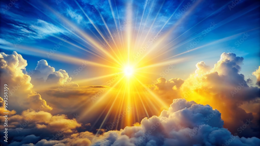 Vibrant yellow sun bursts through fluffy white clouds, illuminating a bright blue sky with warm rays, evoking feelings of joy, hope, and new beginnings. Vibrant yellow sun bursts through fluffy white clouds, illuminating a bright blue sky with warm rays, evoking feelings of joy, hope, and new beginnings.