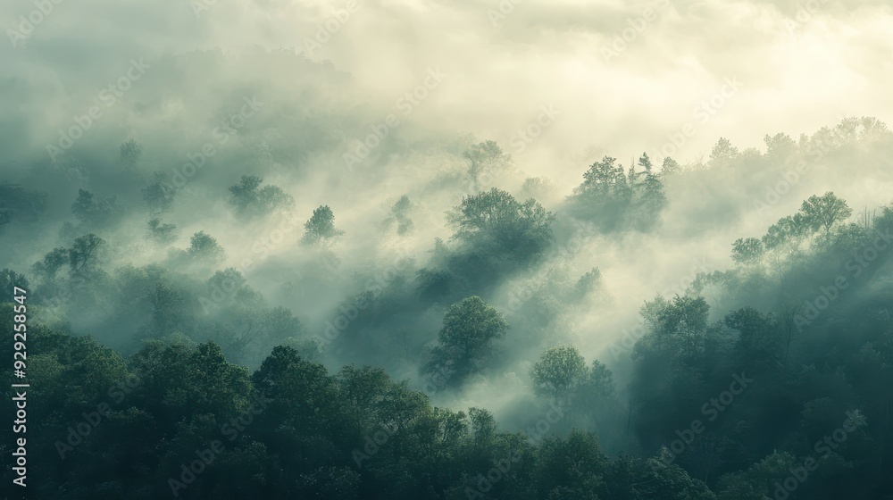 A misty forest landscape with trees partially shrouded in fog and soft light. A misty forest landscape with trees partially shrouded in fog and soft light.