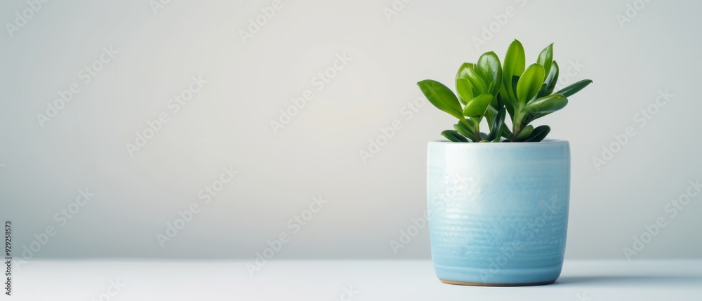 A potted plant atop a white table, adjacent to a blue vase holding a green plant A potted plant atop a white table, adjacent to a blue vase holding a green plant