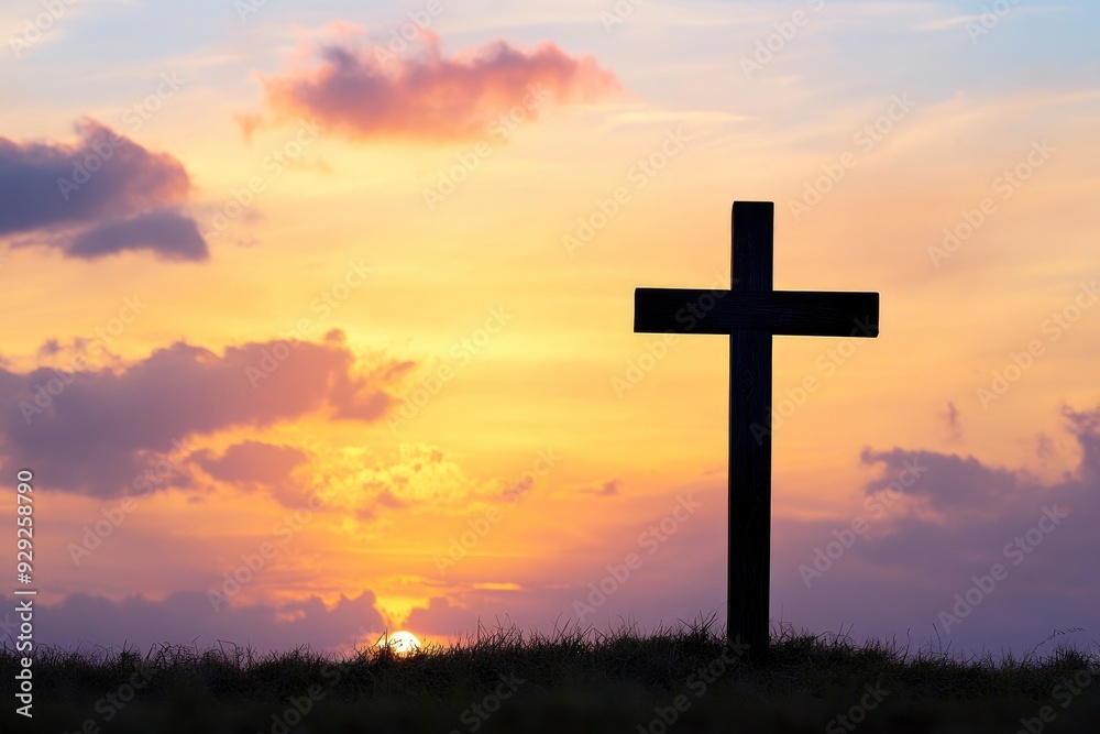 Good Friday. Friday before Easter. Christian cross against the sunset with generative ai