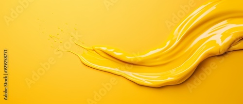  A yellow liquid splashes on its side against a yellow background, featuring a white spot in the image's center