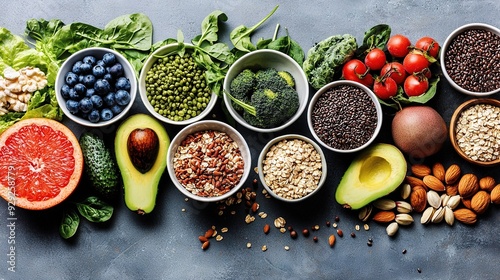  A variety of fruits, vegetables, and grains arranged in small bowls on a gray surface with a blue background