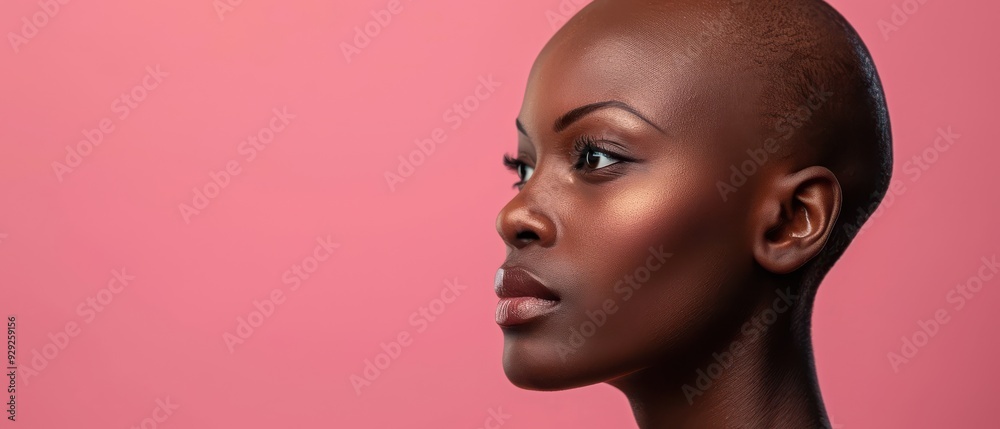 Detailed profile of a young woman with a smoothly shaved head on a light pink background. Free copy space for text. Detailed profile of a young woman with a smoothly shaved head on a light pink background. Free copy space for text.