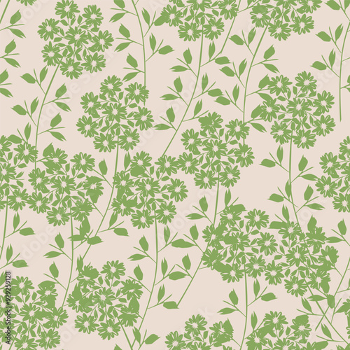 cream vector stock small flowers with green leaves pattern on green background