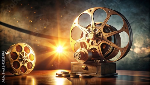 Vintage film reel unwinds from a classic movie projector, casting a warm glow amidst a dimly lit cinema, evoking nostalgia for the golden age of cinema.