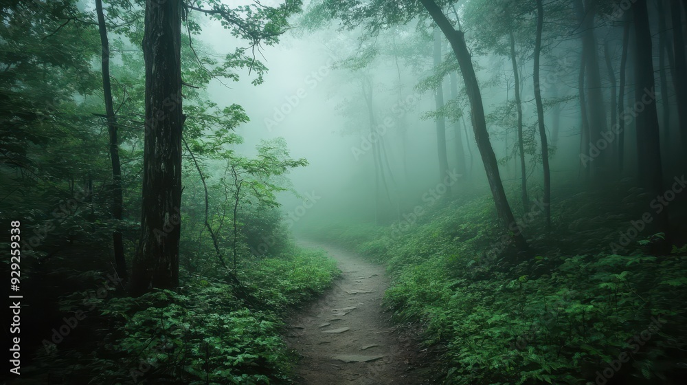 Obraz premium A misty forest path surrounded by lush greenery, evoking a sense of tranquility and mystery.