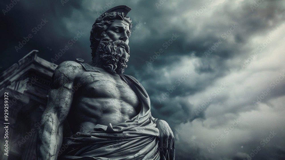 Statue of Roman emperor against cloudy sky. History, power, leadership, and historical figures. Statue of Roman emperor against cloudy sky. History, power, leadership, and historical figures.