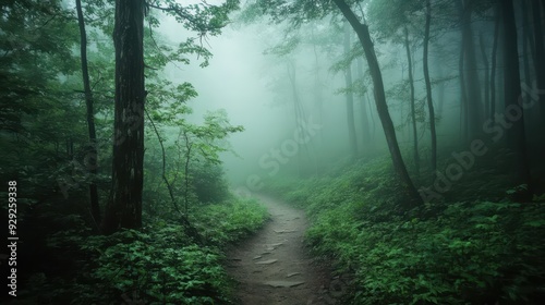 A misty forest path surrounded by lush greenery, evoking a sense of tranquility and mystery.