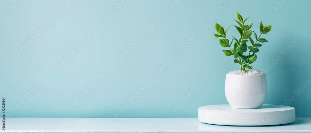A white vase with a plant on a table Nearby, a bottle of wine and a blue wall form a contrasting backdrop A white vase with a plant on a table Nearby, a bottle of wine and a blue wall form a contrasting backdrop