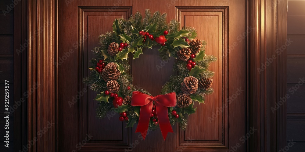 Fototapeta premium Christmas wreath illustration hanging on a wooden door, adorned with red ribbons and greenery, symbolizing holiday warmth and welcome, festive and traditional decor, selective focus 