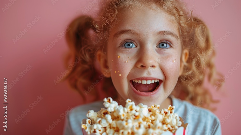 A little girl with curly hair holds a bucket of popcorn and looks excitedly towards the camera with her mouth open, set against a bright pink backdrop, full of lively energy and joy. A little girl with curly hair holds a bucket of popcorn and looks excitedly towards the camera with her mouth open, set against a bright pink backdrop, full of lively energy and joy.