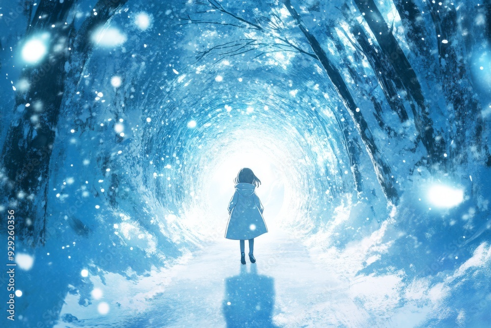 Obraz premium Winter Wonderland Adventure: anime-style Enchanted Snow Tunnels Crafted by AI, the Ideal 4K Setting for 2025 Winter Sports and Festive Season Marketing,Anime-Style,illustration,Picture BooksFor Poster