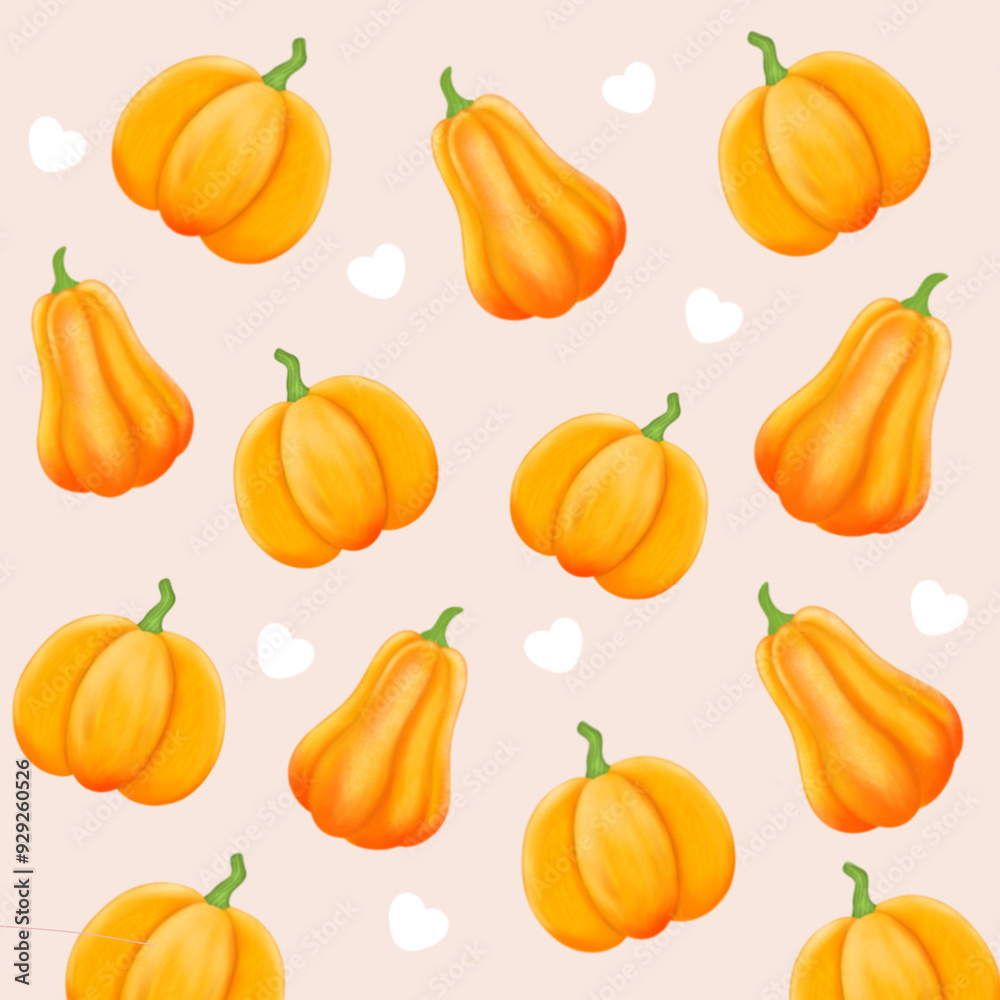 seamless pattern with pumpkins, watercolor seamless pattern on autumn theme with pumpkins, Set of pumpkins, Autumn pumpkin., pattern. Autumn