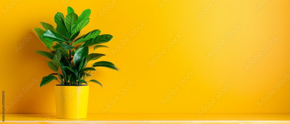 A potted plant in a yellow vase on a yellow shelf against a radiant backdrop A potted plant in a yellow vase on a yellow shelf against a radiant backdrop