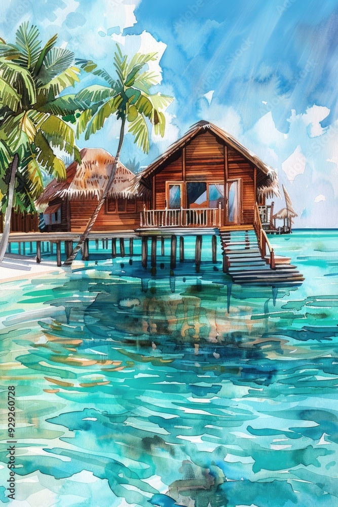 Waterfront Bungalow Retreat. Tropical Paradise with Hand-Drawn Watercolor Illustration Waterfront Bungalow Retreat. Tropical Paradise with Hand-Drawn Watercolor Illustration