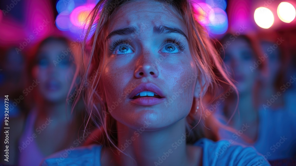 A young woman staring in awe at a movie screen, her face illuminated by colorful lights, showcasing a moment of rapt attention and wonder in a dimly lit cinema.