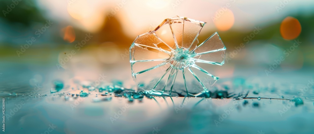 A shattered pane of glass atop a blue backdrop; hazy trees and structures in the distant blur A shattered pane of glass atop a blue backdrop; hazy trees and structures in the distant blur