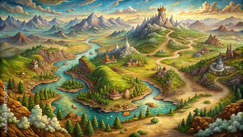 Vintage-style illustration of a fantasy realm, featuring a detailed topographical map with marked territories, mystical landmarks, and winding rivers amidst rolling hills and mountains.