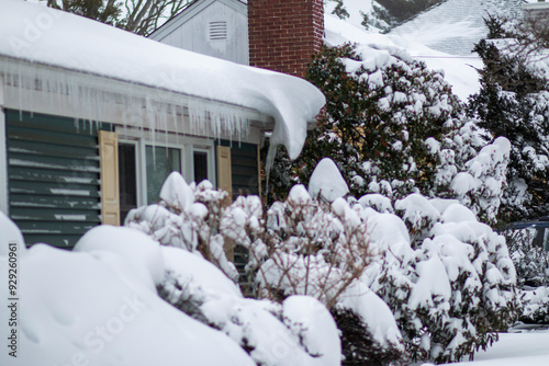 Snow on the roof of a house and the bushes in frot with icicles hanging from roof photo