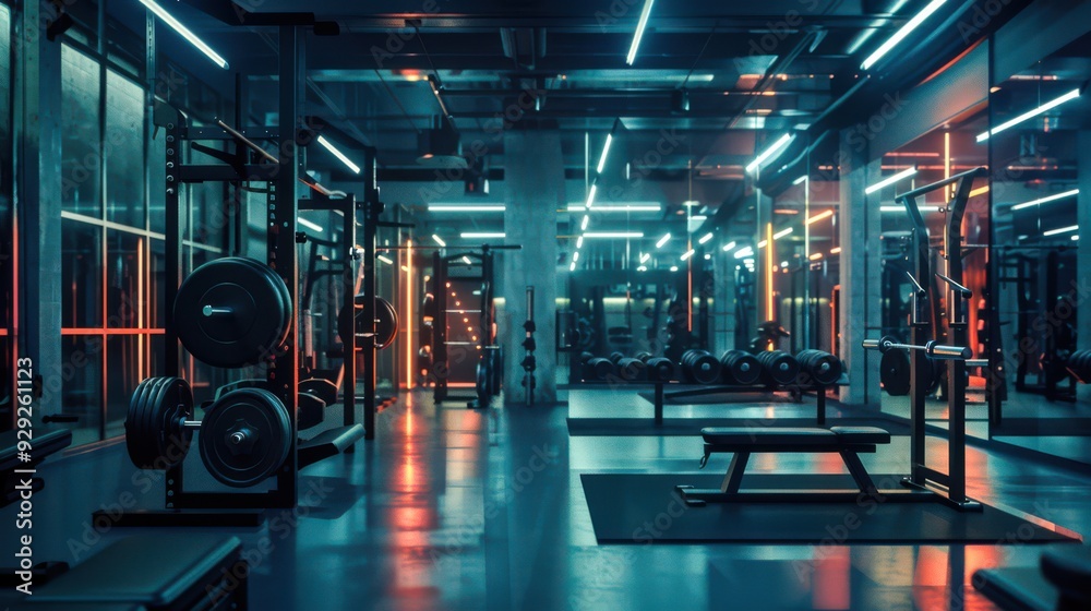 Sleek and modern gym interior with weights, bars, and racks, illuminated by strong artificial lighting that casts deep shadows at night. The setting creates a professional and intense atmosphere. Sleek and modern gym interior with weights, bars, and racks, illuminated by strong artificial lighting that casts deep shadows at night. The setting creates a professional and intense atmosphere.