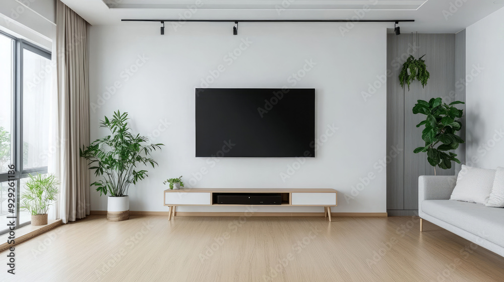 Modern minimalist style, with white walls and light wood floors in the living room featuring an LED TV mounted on the wall Modern minimalist style, with white walls and light wood floors in the living room featuring an LED TV mounted on the wall