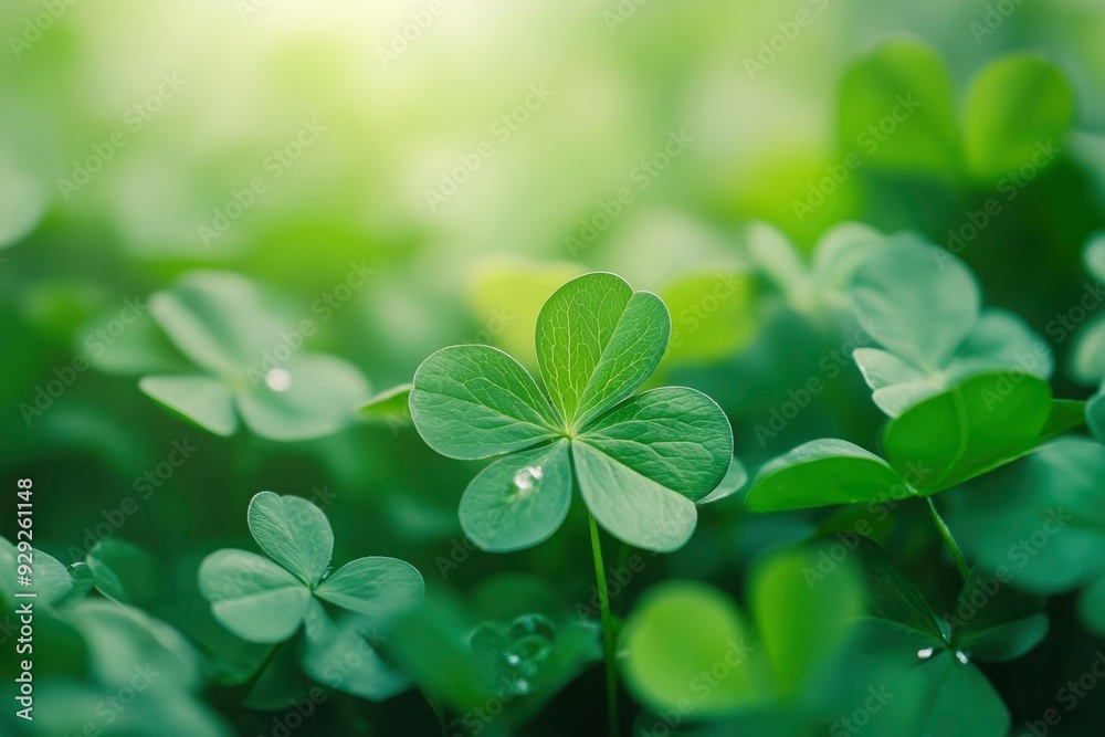 Green shamrock natural background. Selective focus on a central leave with generative ai Green shamrock natural background. Selective focus on a central leave with generative ai