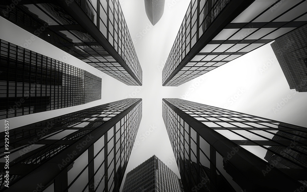 Obraz premium Black and white perspective of tall glass buildings, creating a dramatic and modern urban scene. Perfect for architecture and urban design themes