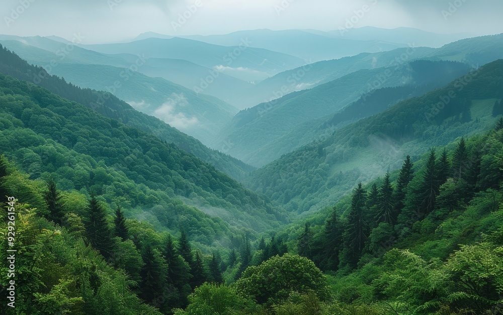 Fototapeta premium Misty mountain valley at sunrise with lush green forests and sun rays breaking through. Perfect for nature, adventure, and landscape-themed designs