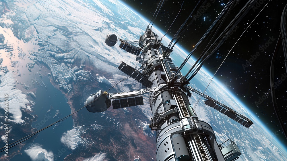 A futuristic space station orbiting Earth, showcasing advanced technology and exploration. A futuristic space station orbiting Earth, showcasing advanced technology and exploration.