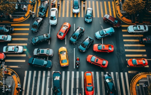 Aerial view of a busy city intersection with colorful cars in traffic. Ideal for urban and transportation-related concepts.