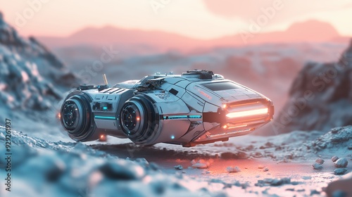 A futuristic spacecraft on a rocky terrain under a colorful sky.