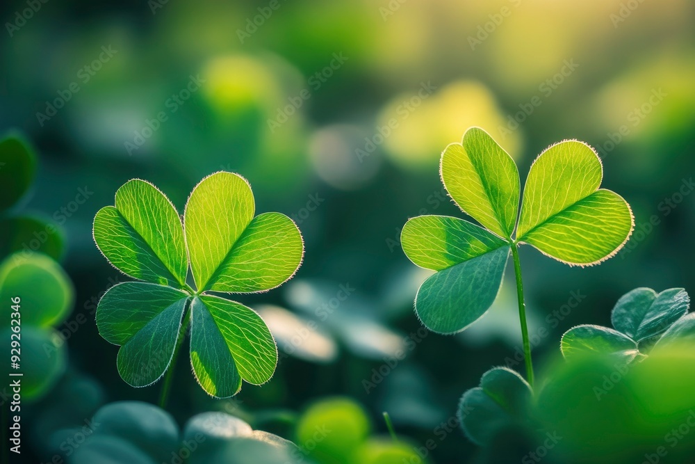 Green shamrock natural background. Selective focus on a central leave with generative ai Green shamrock natural background. Selective focus on a central leave with generative ai