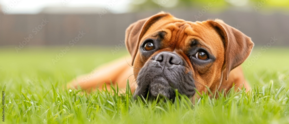Obraz premium A tight shot of a dog reclining in a lush grassfield, its chin rested on the ground, gazing intently at the camera