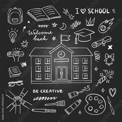 School graphic elements on blackboard. Hand drawn school building and supplies