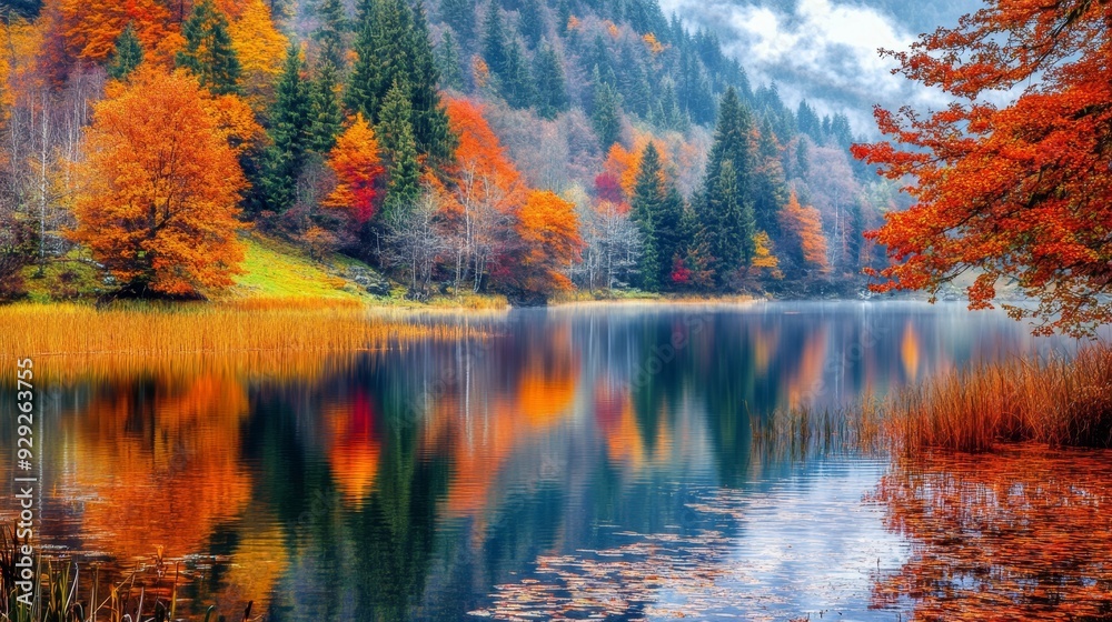 Obraz premium Tranquil autumn landscape with misty mountains reflected in a still lake. Perfect for nature and seasonal imagery.