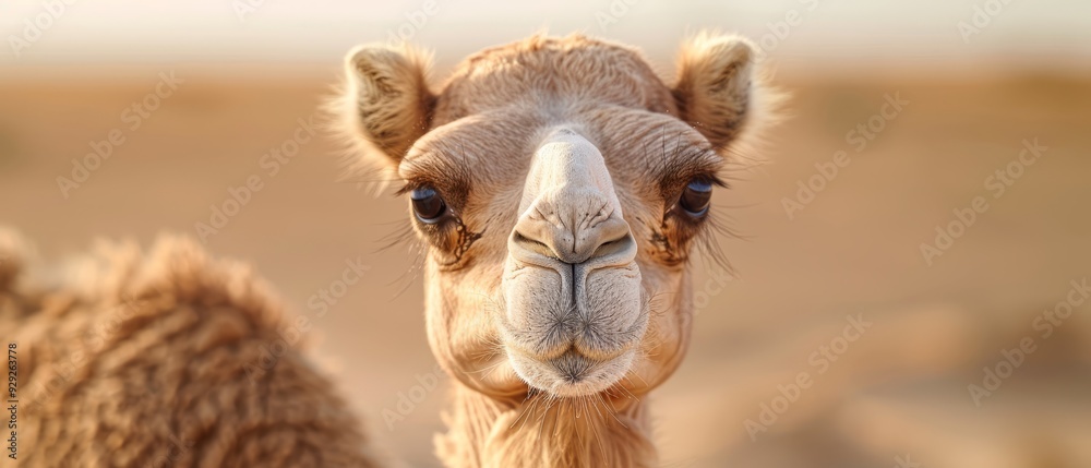 Fototapeta premium A tight shot of a camel's face, background softly blurred