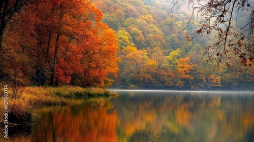 Autumn leaves on a lakeside with vibrant red and orange tones reflecting in the water. Perfect for fall and nature imagery.