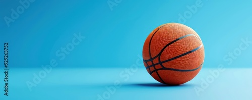 Basketball on a blue background with space for text. Free copy space for text.