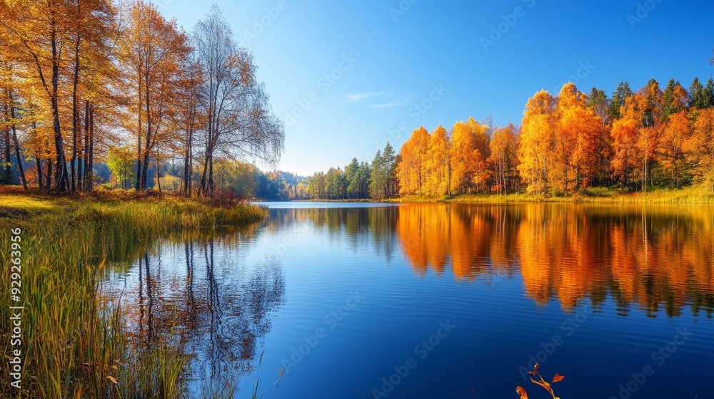 Bright autumn trees reflecting in a calm lake on a sunny day. Ideal for nature and landscape designs. Bright autumn trees reflecting in a calm lake on a sunny day. Ideal for nature and landscape designs.
