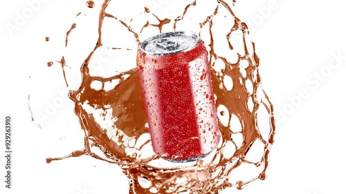 Soda can falling water splash slow motion, depth of field