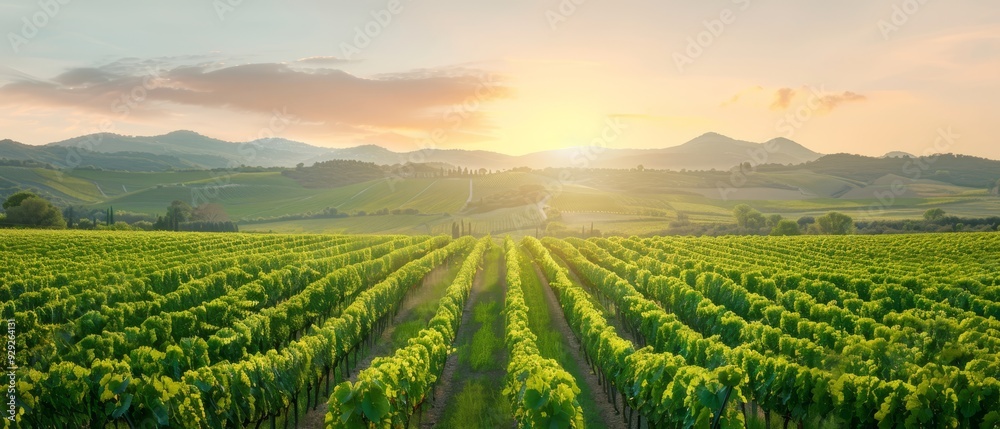 A expansive green field precedes towering mountain ranges beneath sunny skies, sun rays piercing distant clouds A expansive green field precedes towering mountain ranges beneath sunny skies, sun rays piercing distant clouds