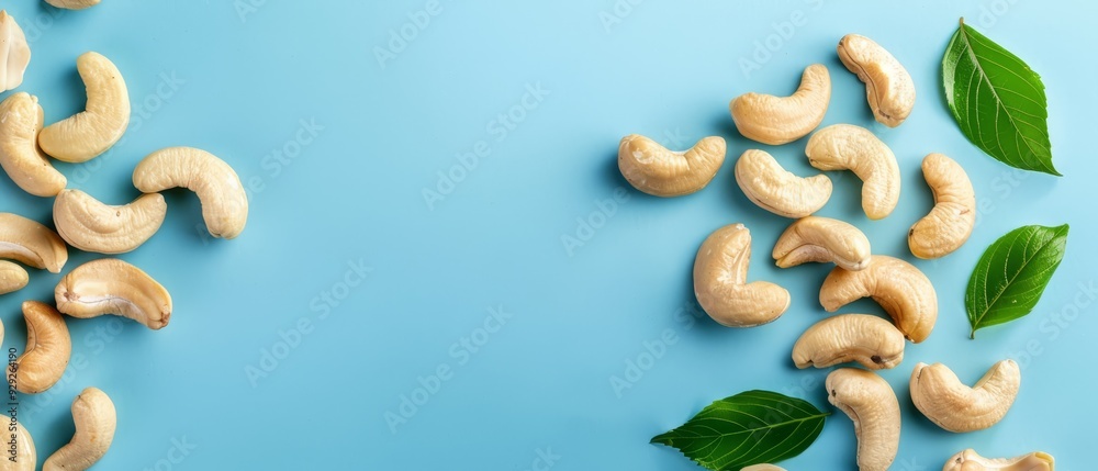 Cashews with leaves against a blue backdrop Include 'Cashews' label Cashews with leaves against a blue backdrop Include 'Cashews' label